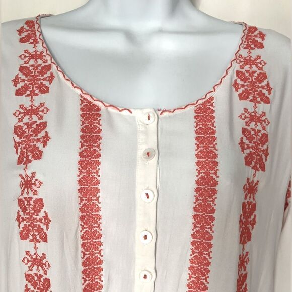 Sundance Cream Red Embroidered Boho Midi High Lo Summer Flowy Peasant Dress sz S - Picture 7 of 14
